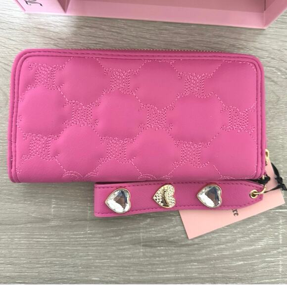 Juicy Couture Pink Heart-Quilted Bedazzled Heart Strap Wallet Zip Closure - Picture 7 of 8